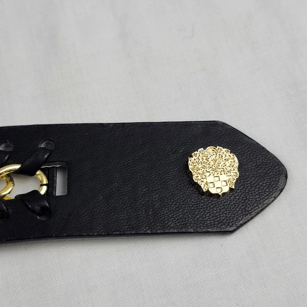 Vince Camuto Belt Womens Large Black Gold Chain Link Woven Leather Medallion